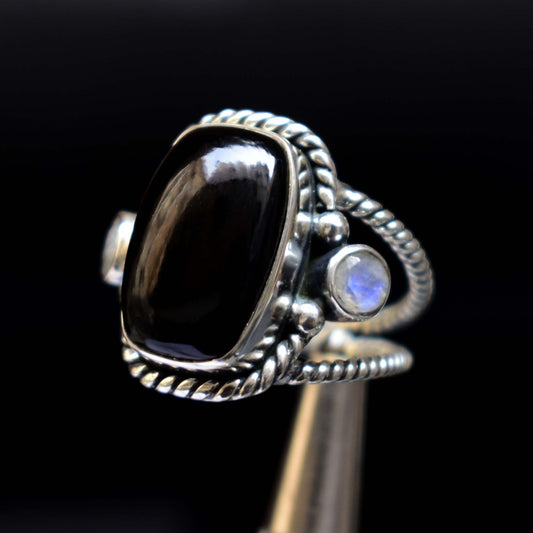 Black Onyx and Rainbow moonstone Ring