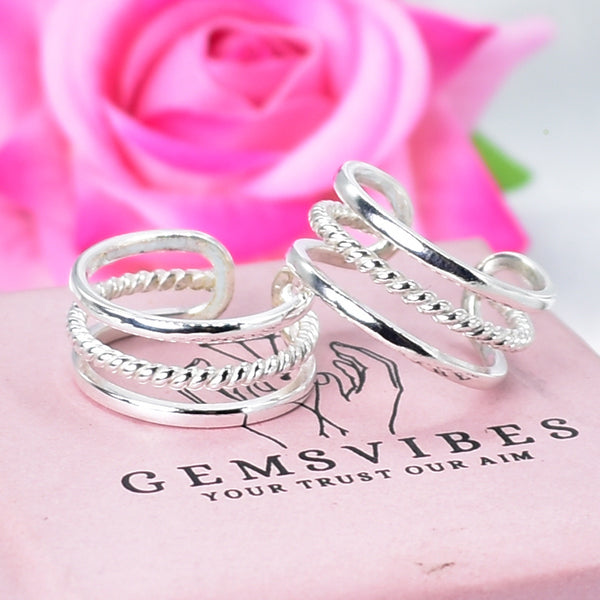 Triple band rope detail toe ring with adjustable style in 925 sterling silver