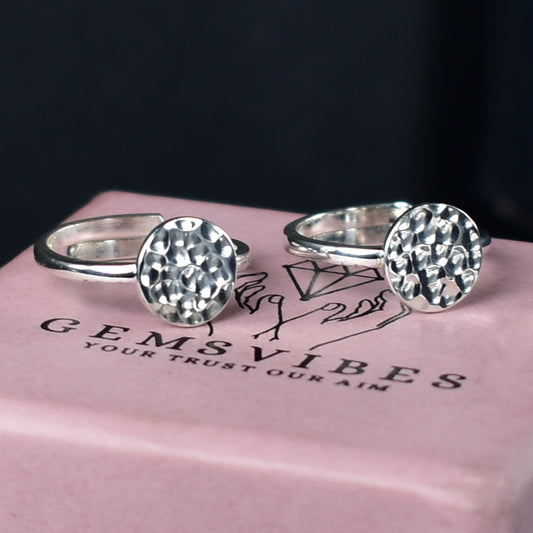 Round Face Hammered Texture Toe Ring Adjustable Band in 925 Sterling Silver