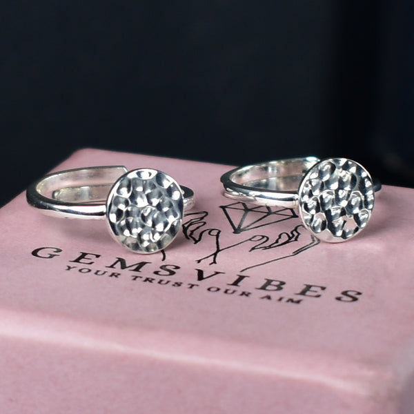 Round Face Hammered Texture Toe Ring Adjustable Band in 925 Sterling Silver