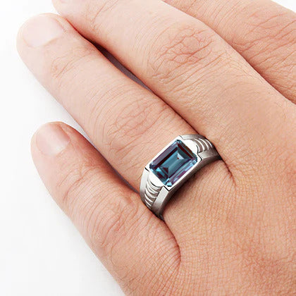 Men's textured designed faceted octagon shaped gemstone 925 sterling silver ring