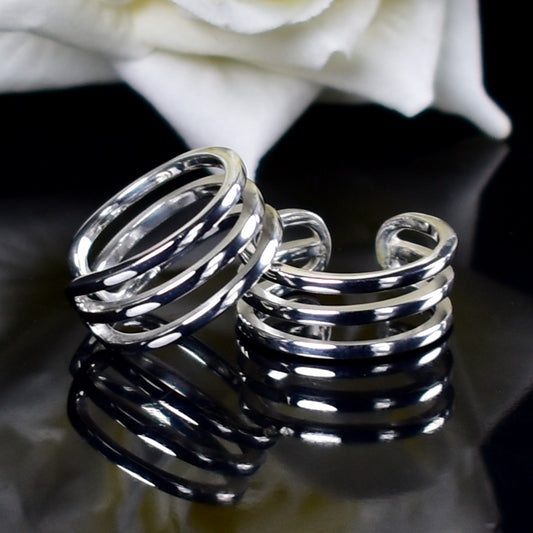 Triple band open cuff toe ring with adjustable modern style in 925 sterling silver