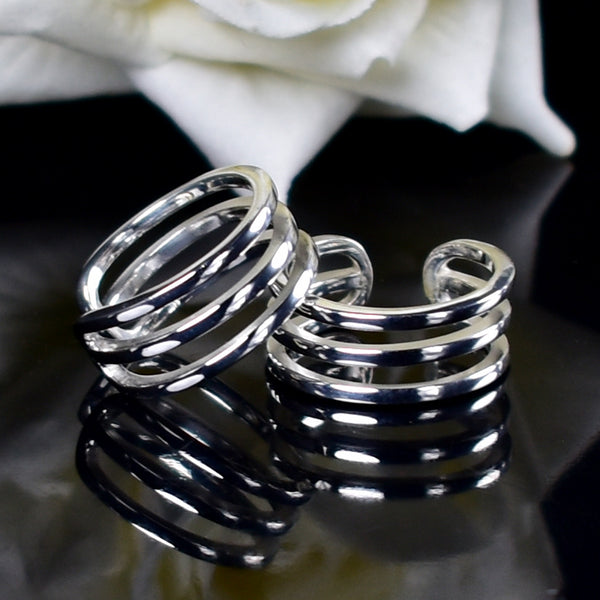 Triple band open cuff toe ring with adjustable modern style in 925 sterling silver