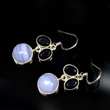 Blue Lace Agate With Onyx Earring