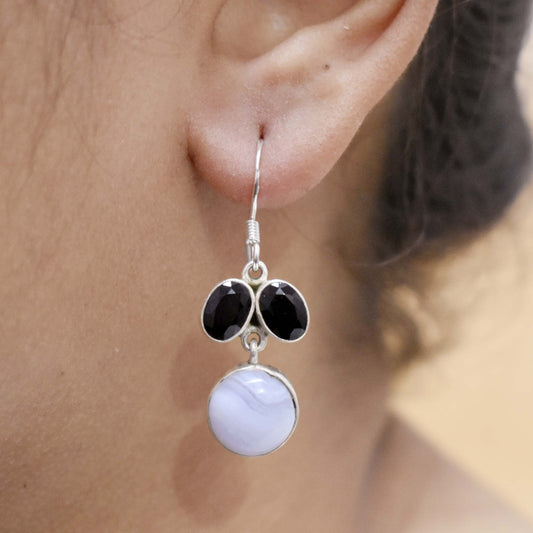 Blue Lace Agate With Onyx Earring