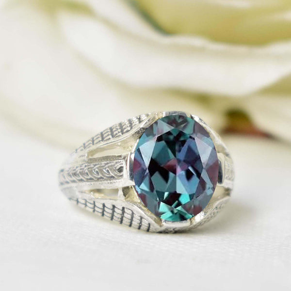 Bold band faceted oval shaped gemstone 925 sterling silver ring for men's