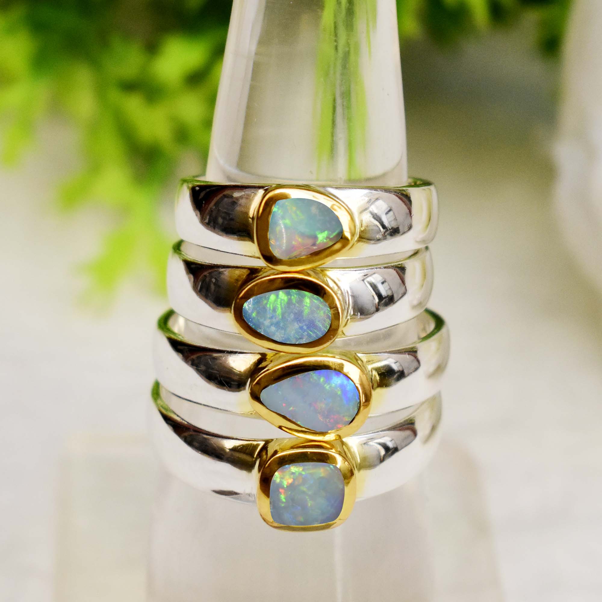 Australian Opal Ring in Silver with Gold Bezel – Iridescent Fire from Down Under