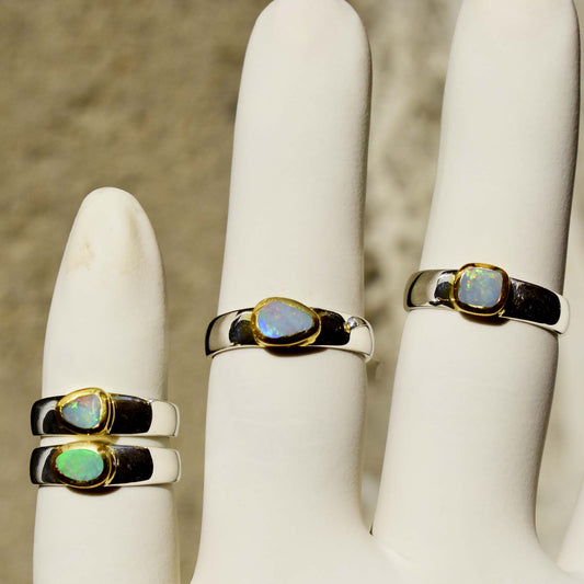 Australian Opal Ring in Silver with Gold Bezel – Iridescent Fire from Down Under