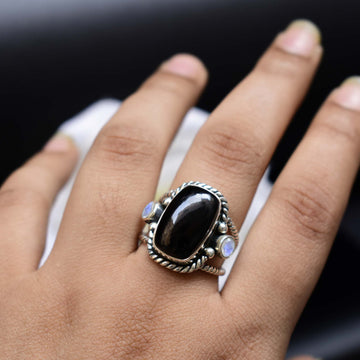 Black Onyx and Rainbow moonstone Ring