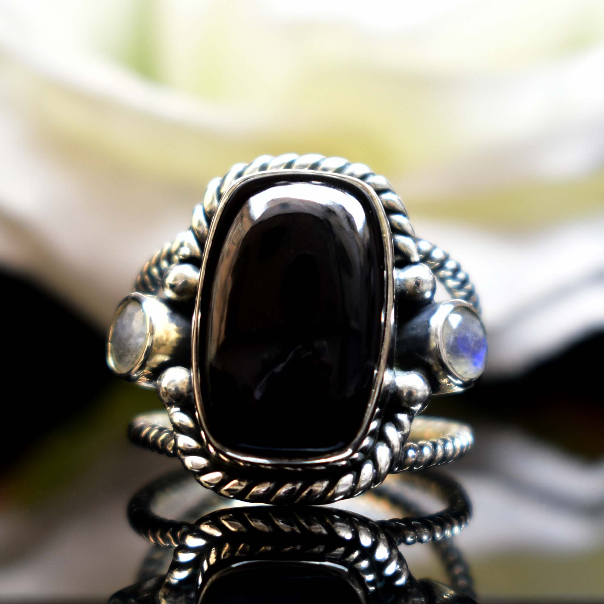 Black Onyx and Rainbow moonstone Ring
