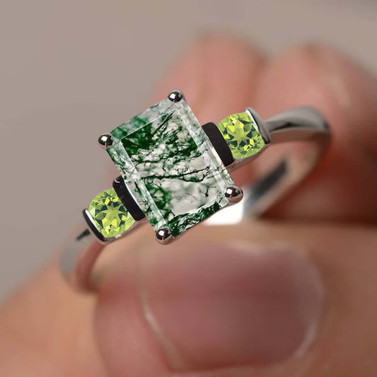 Emerald Cut Moss Agate Ring