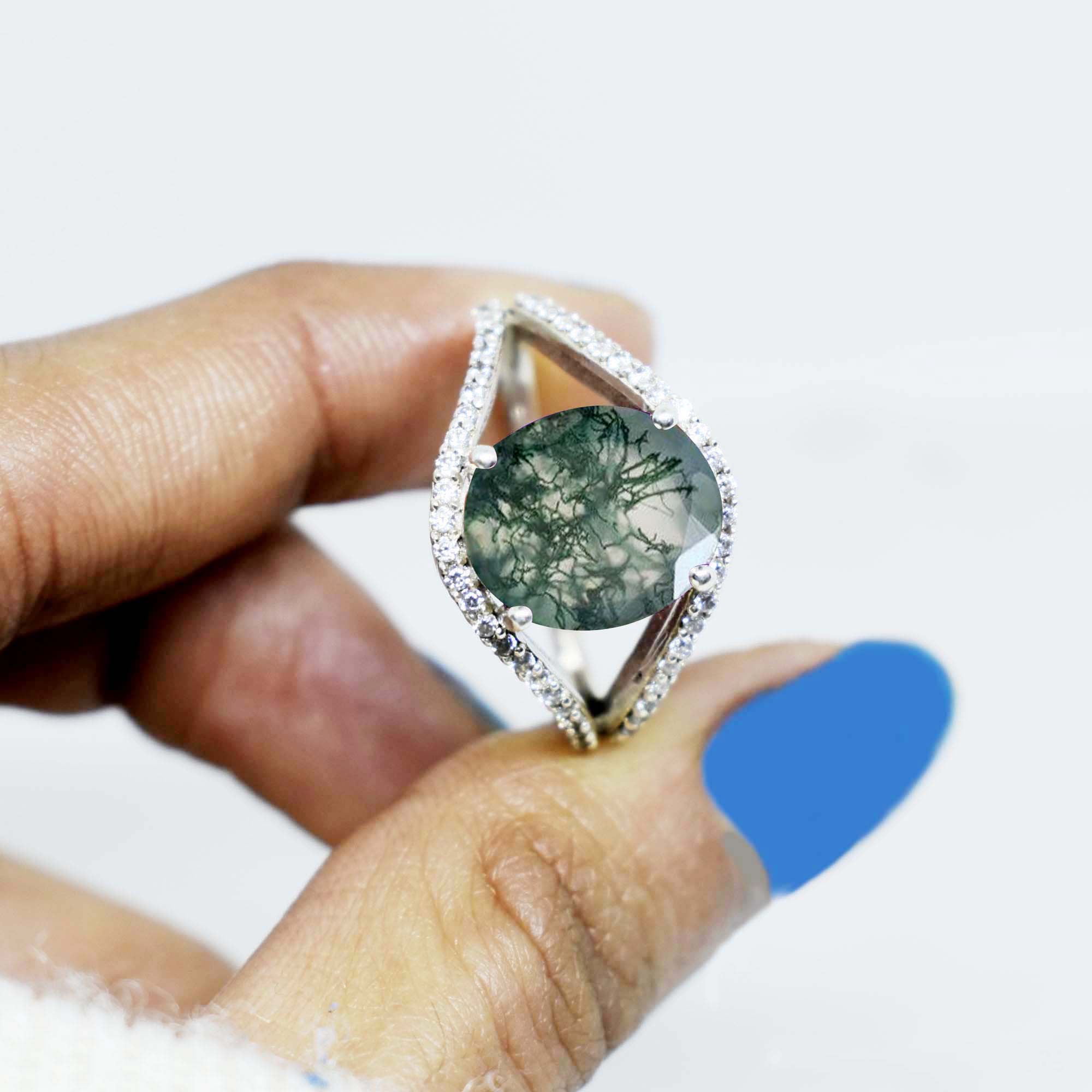 Green Moss Agate Halo Ring