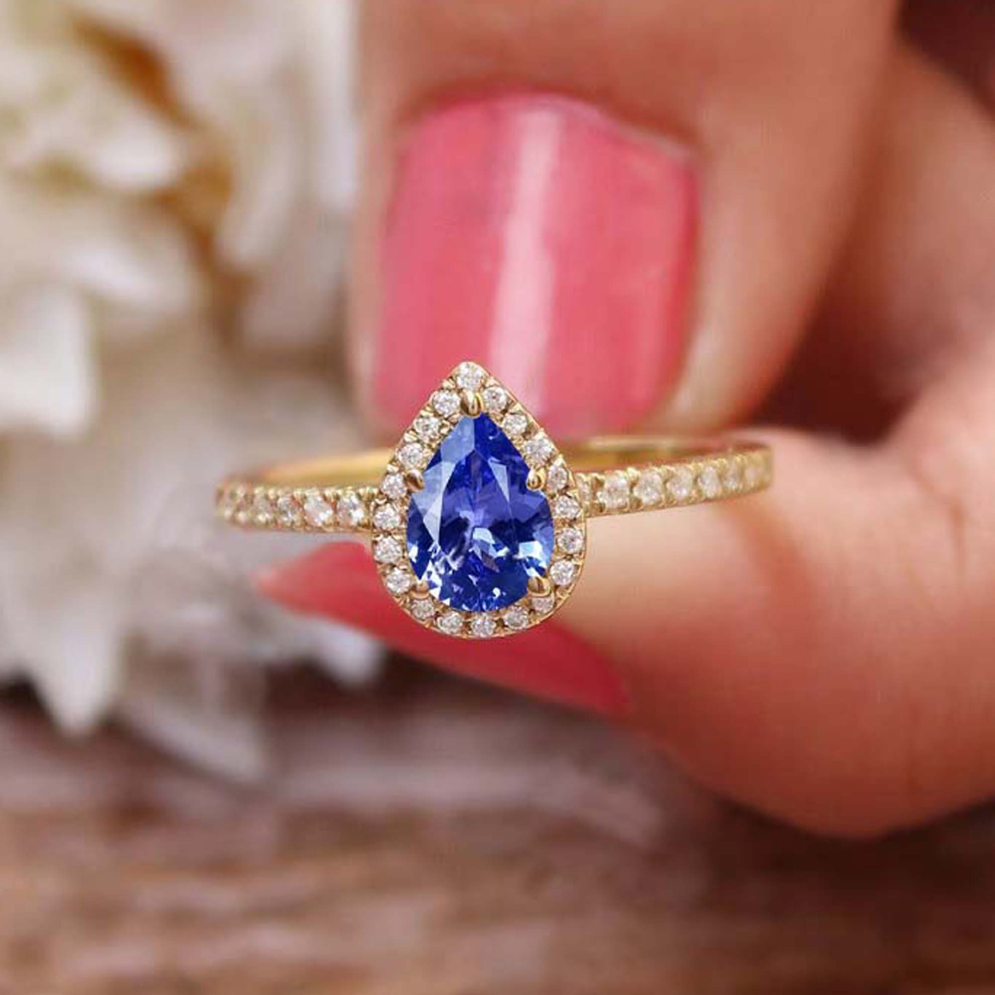 Halo design Pear shaped gemstone 925 sterling silver ring with mini st