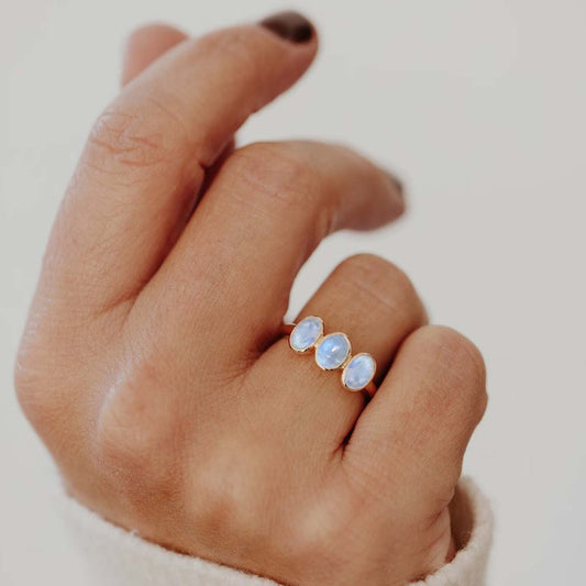 Triple Oval Rainbow Moonstone Ring in Gold – Celestial Energy in Harmony