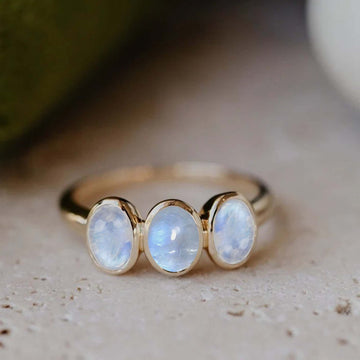 Triple Oval Rainbow Moonstone Ring in Gold crafted in 925 sterling silver